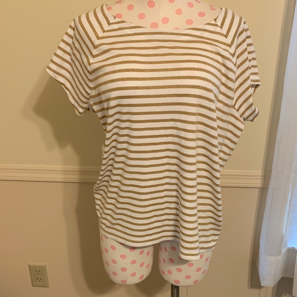 Ralph Lauren Metallic Gold and White Striped Shirt Women’s Size 1X Like NEW Cute